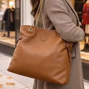 NEW Tory Burch Marion Bark Brown Pebbled Leather NS Large Slouchy Shopper Tote